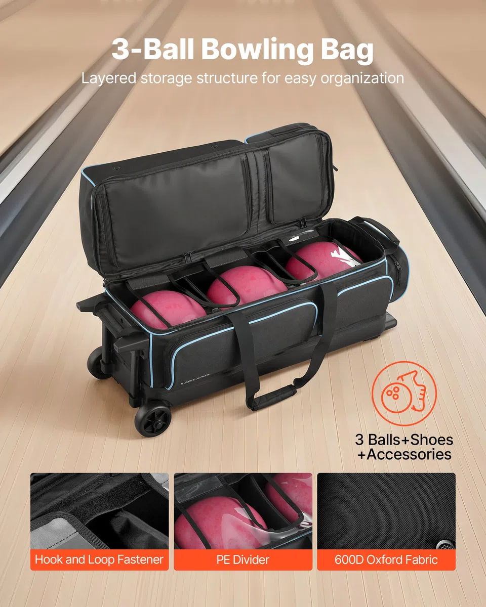 VEVOR Bolsa para 3 Bolas con Ruedas Dobles, Compartimento Separado para Zapatos hasta Talla 16 de EE. UU. y Bolsillo Extragrande para Accesorios. Asa Retráctil hasta 105 cm, 790 x 320 x 390 mm