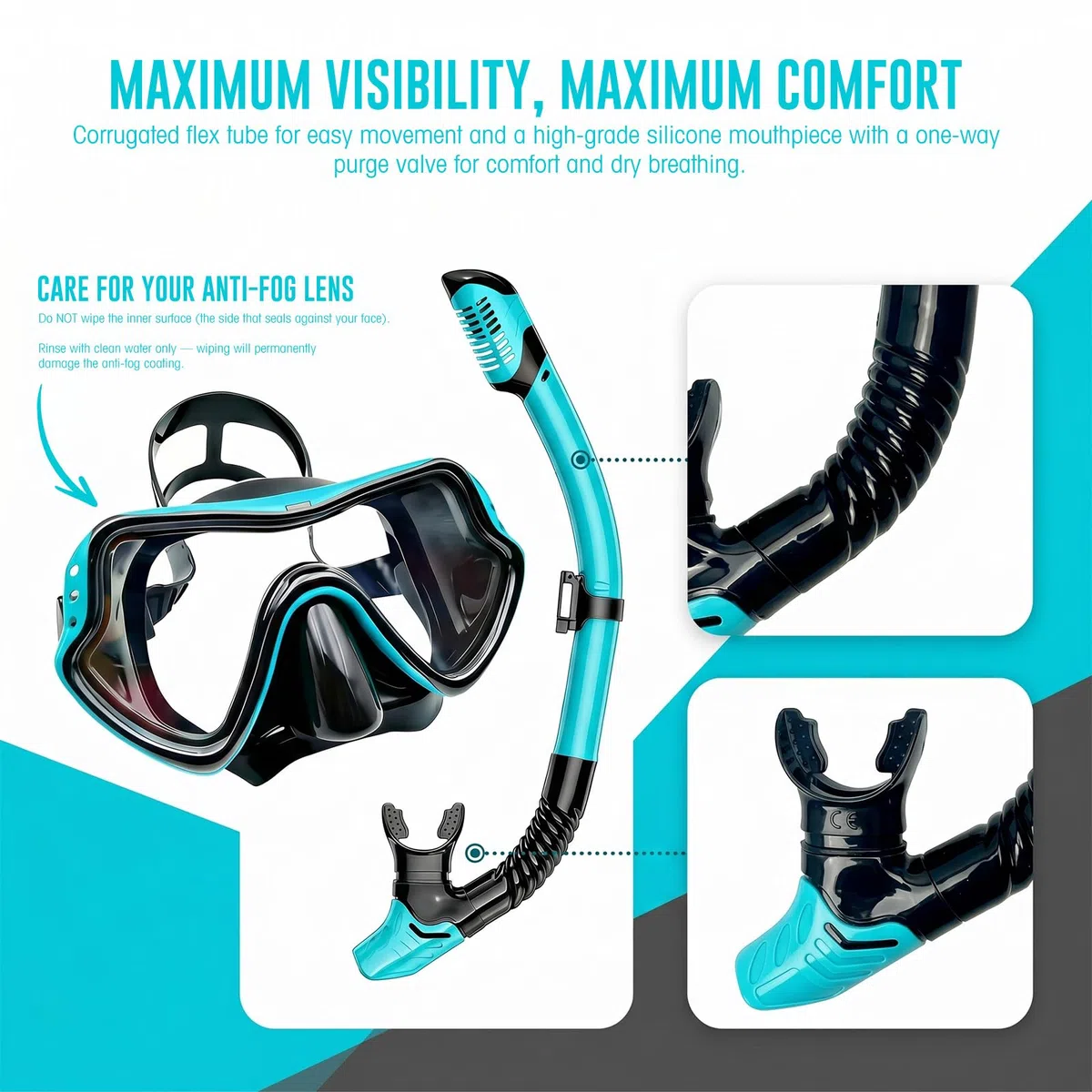 Gafas y Tubo de Snorkel para Adultos, Máscara de Buceo Panorámica, Snorkel Dry Top Antifugas y Antivaho