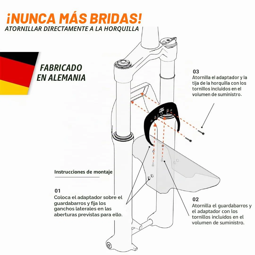 Unleazhed Guardabarros atornillable | M01 Bolt On Mudguard | Para Fox 34*,36*,38 | Rockshox Zeb, Domain, Lyrik, Pike (consultar descripción) | Fabricado en Alemania