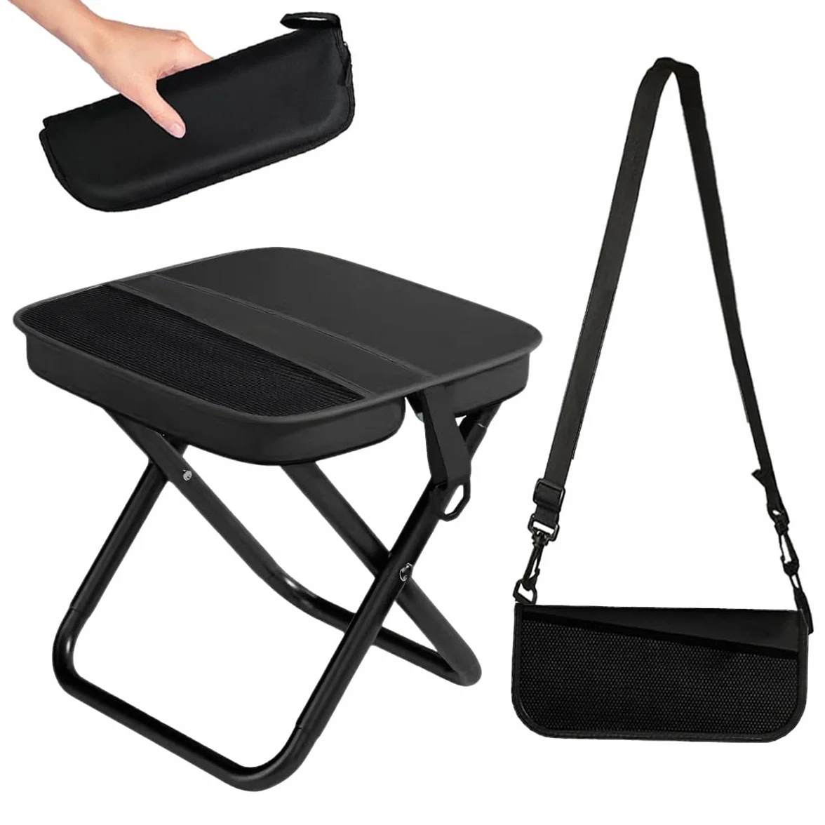 Taburete Plegable Portatil Exterior, Taburete Plegable Camping Pequeño Con Malla y Correa, Mini Sillas Plegables para Acampar al Aire Libre para Interiores y Exteriores Camping Senderismo (Black)