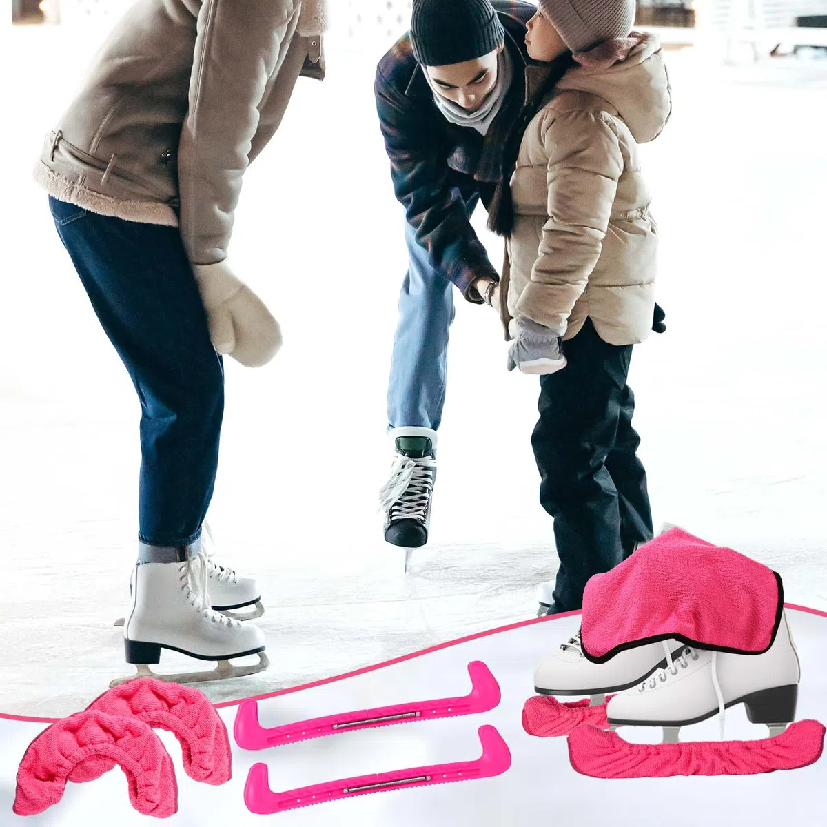 NQEUEPN Protectores Patines sobre Hielo Empapadores y Toalla Kit, Suaves Funda Cuchillas Patines Hielo Duro Protectores para Patines Accesorios para Patines Artísticos para Hombres Mujeres (Rosa)