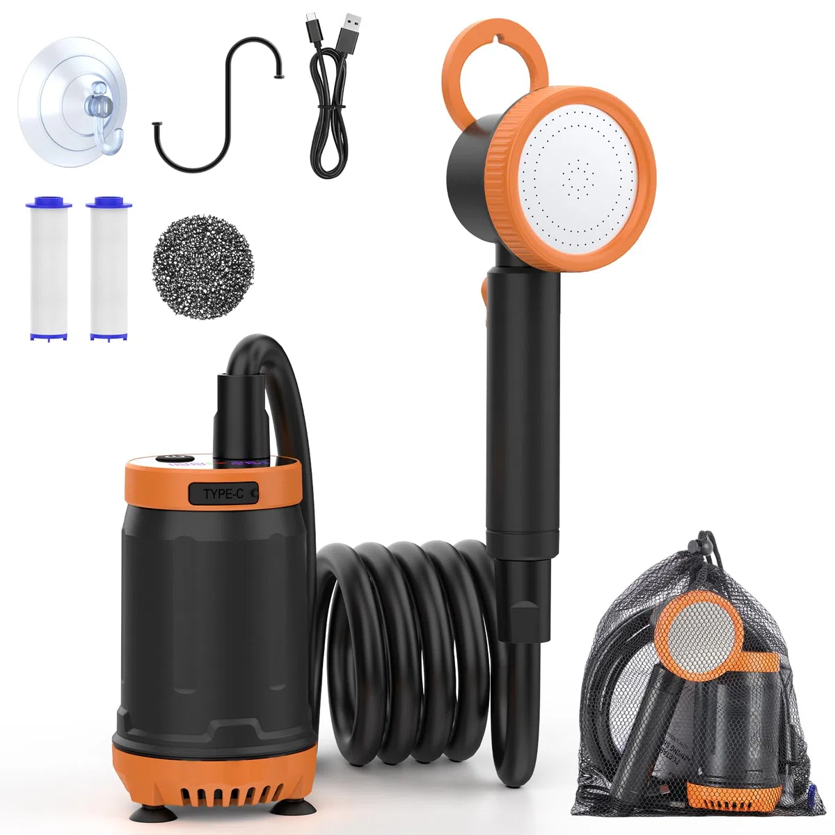 Ducha Portatil Camping con Pantalla de Temperatura y Potencia, 8000mAh Recargable para Exteriores, Modo de 5 Velocidad, Electrica Ducha Camper para Baño Playa Viajes Jardín Furgoneta