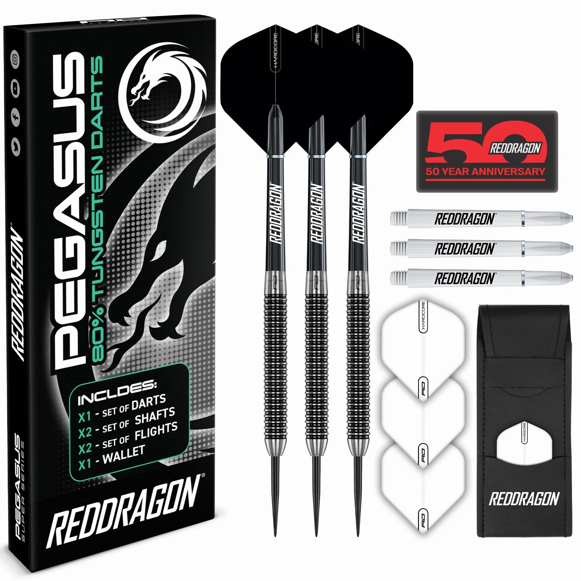 RED DRAGON Pegasus Juego de Dardos Profesionales con Punta de Acero de tungsteno Disponible en 21, 23, 24, 25, 26, 28, 30 Gramos con Plumas, Tallos (Ejes) y Billetera