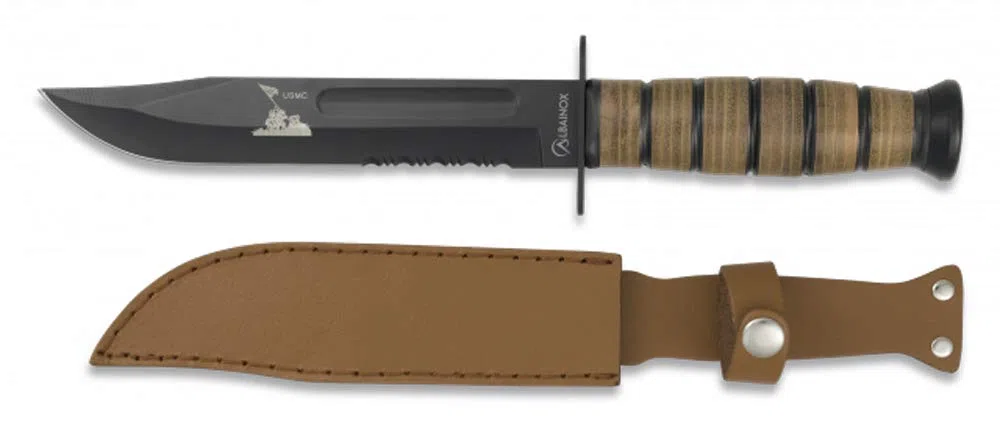 Albainox 31762 Cuchillo Supervivencia USCM. C/Funda. 18 cm Herramienta para Caza, Pesca, Camping, Outdoor, Supervivencia y Bushcraft + Llavero, Mosquetón con brújula de Regalo
