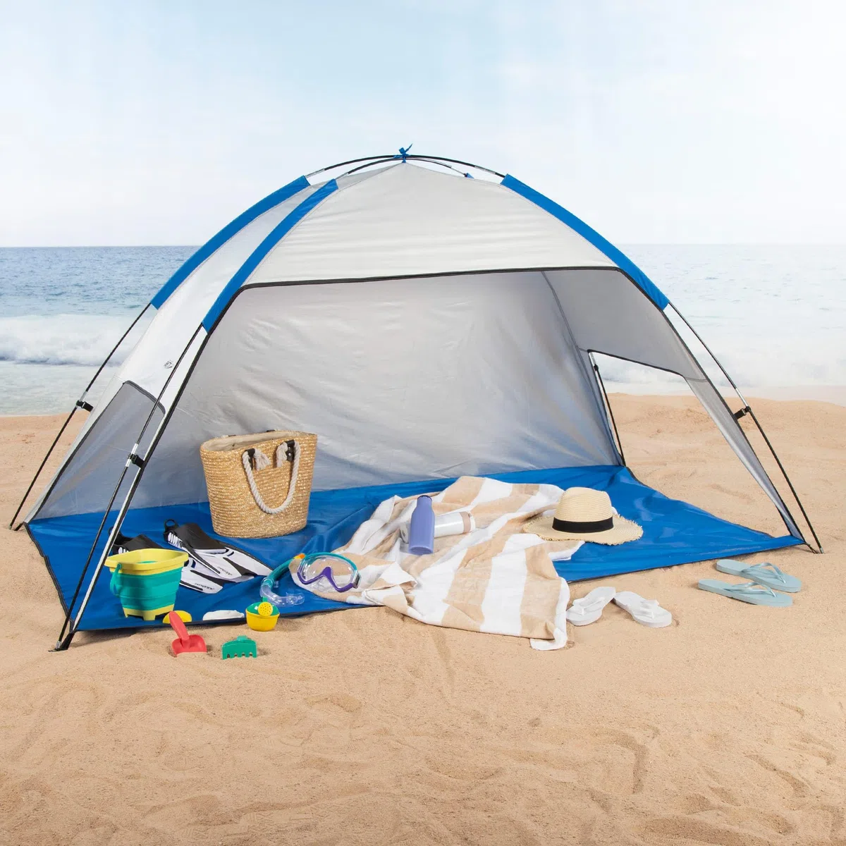 AKTIVE Tienda de Playa, 220 x 120 x 115 cm, 2 Personas, Protección UV50, Revestimiento Interior Plateado, Incluye piquetas, Bolsa de Transporte, Carpa Impermeable, Refugio Pesca (62321)