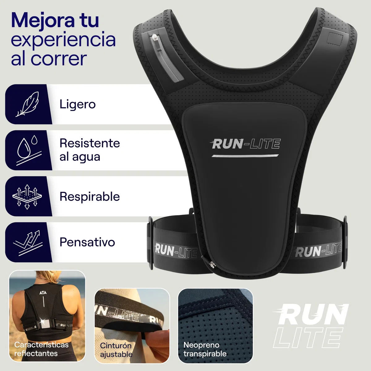 Chaleco para Correr con Soporte para Teléfono – Bolsa Impermeable, Cinturón Ajustable, Reflectante, 2 Bolsillos para Llaves y Geles, Compatible con Teléfonos de hasta 6,8" (Unisex - Adulto)