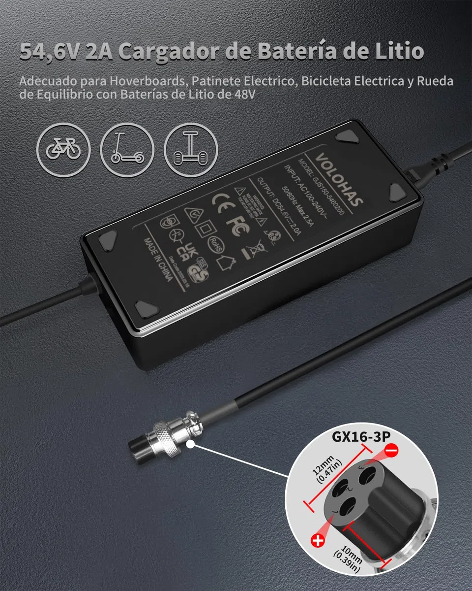 54,6V 2A Cargador con Conectores Hembra en Línea GX16 de 12 mm y 3 Pines para KuKirin G3 Pro,Kugoo M4/M4 Pro/Hitway H5/Speedway Mini 4 Pro Patinete Eléctrico, Cargador de Batería de Litio