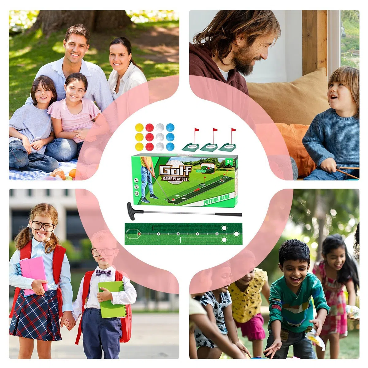 Tapete De Putt De Golf,Kit de Entrenamiento de Golf | Equipo Portátil con Palos, Hoyo y Bolas para Niños y Adultos en Interior, Exterior, Jardín y Camping