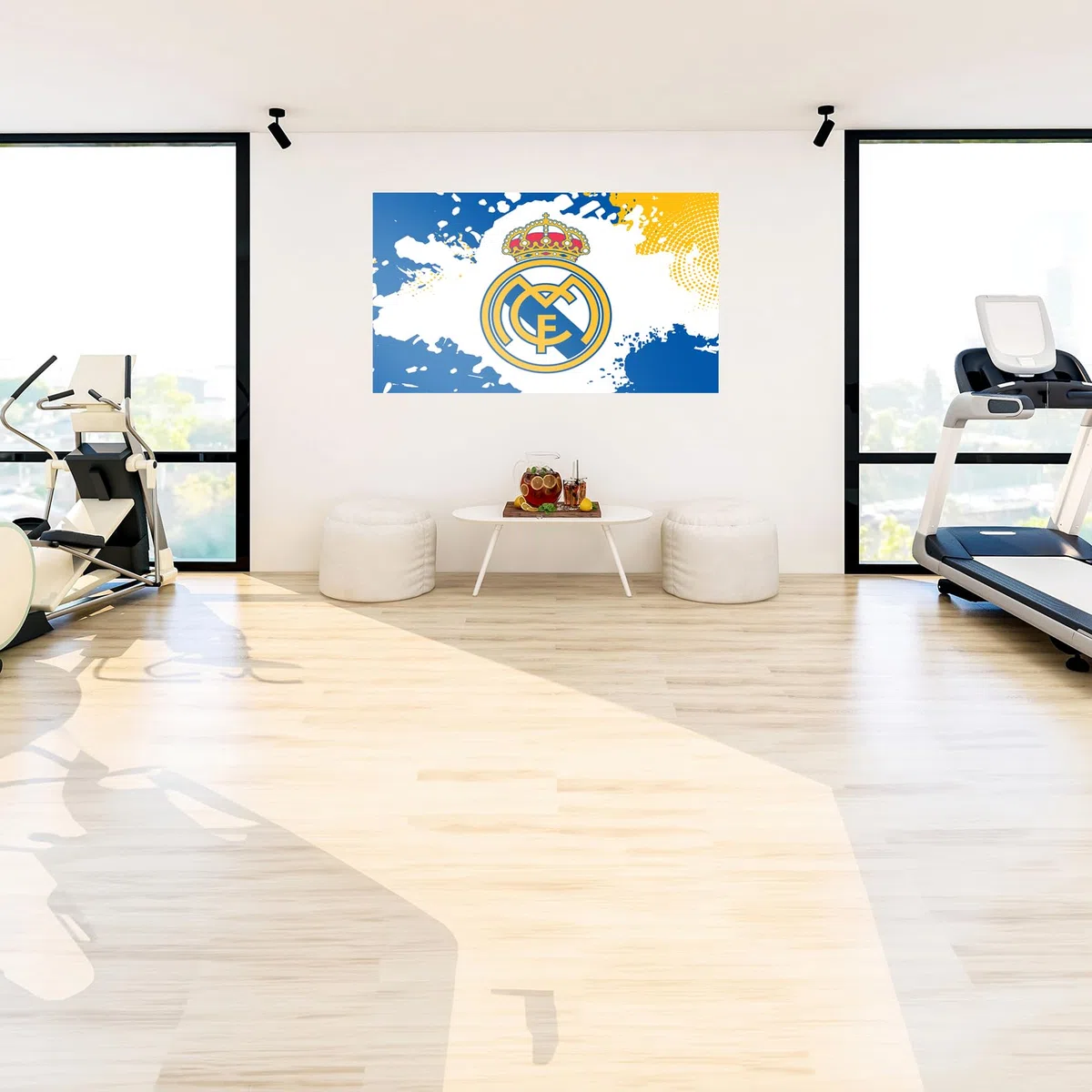 Adhesivo de pared de vinilo del Real Madrid – Grande (120 x 70 cm) – Escudo completo en salpicaduras de color