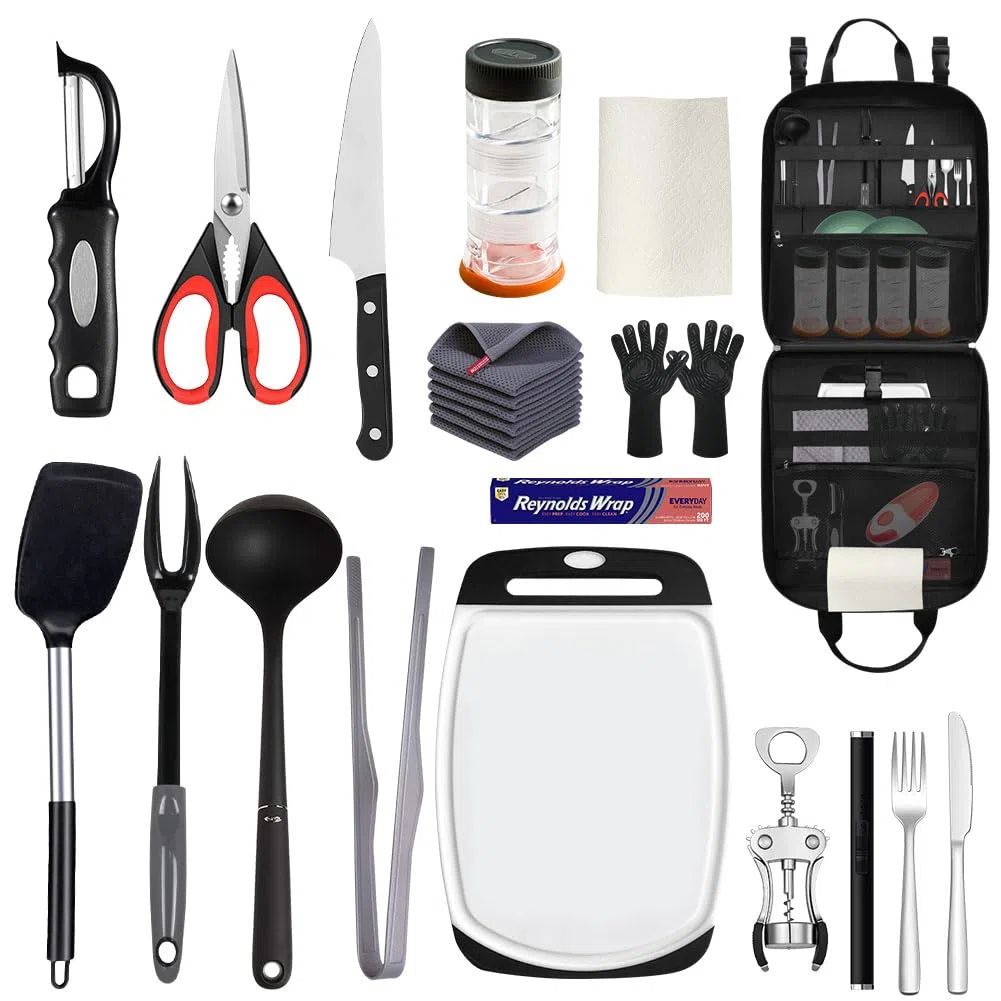 Organizador grande de cocina para campamento, bolsa de utensilios de cocina de camping de alta capacidad, con soporte para toallas de papel, soporte impermeable para utensilios de camping con