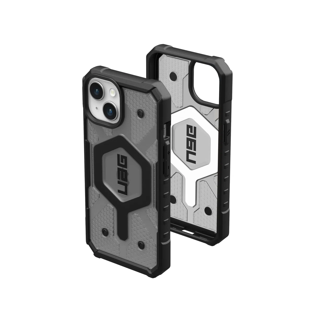 URBAN ARMOR GEAR UAG - Funda compatible con iPhone 15 Plus de 6.7 pulgadas, color ceniza transparente/negro, imán integrado compatible con carga MagSafe, resistente y transparente a prueba de caídas