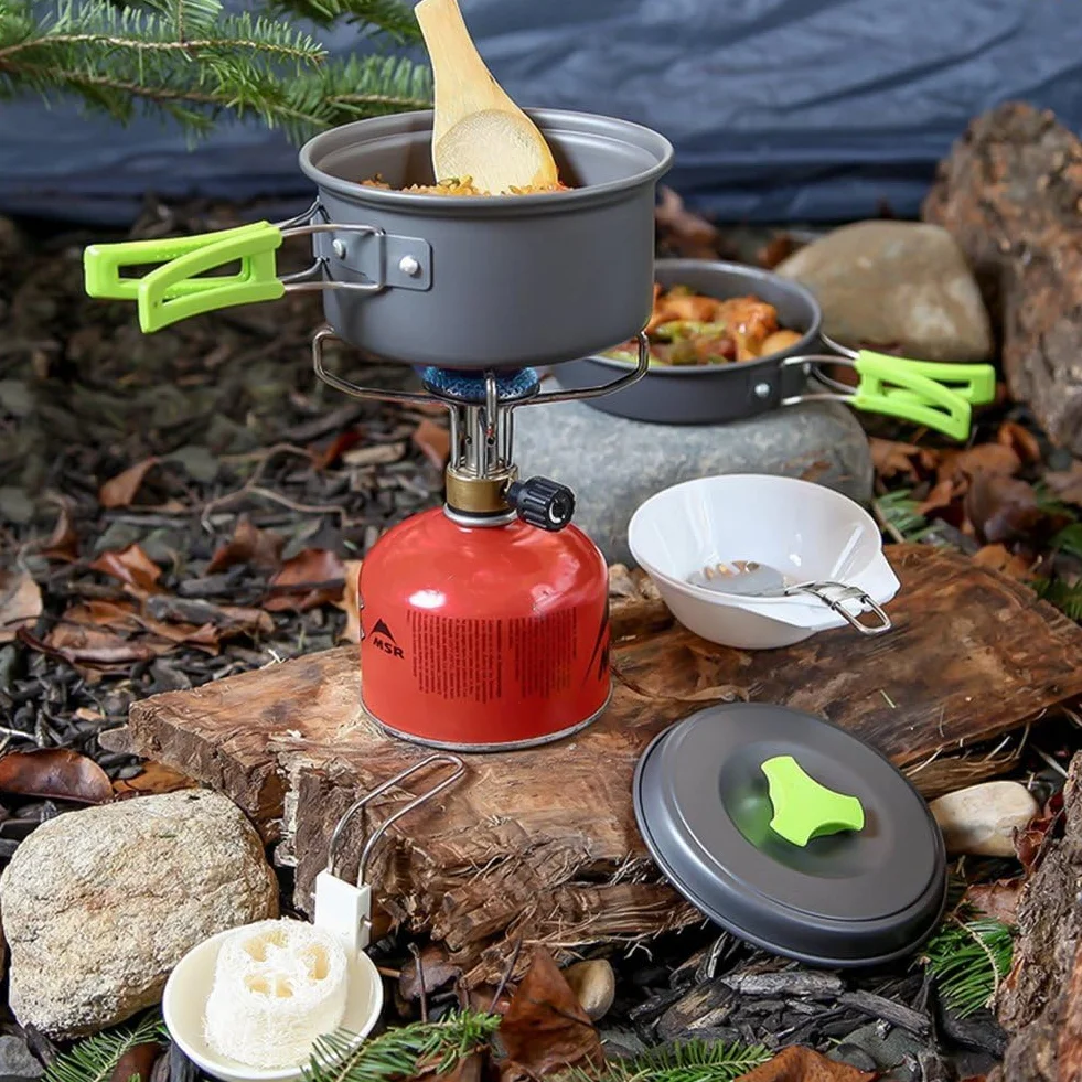 Qtiwe Juego de vajilla de Camping, Camping Cookware Outdoor Libre, Camping Utensilios de Cocina Plegable de 10 Piezas para Senderismo, Picnic, Barbacoa, Certificado por la FDA