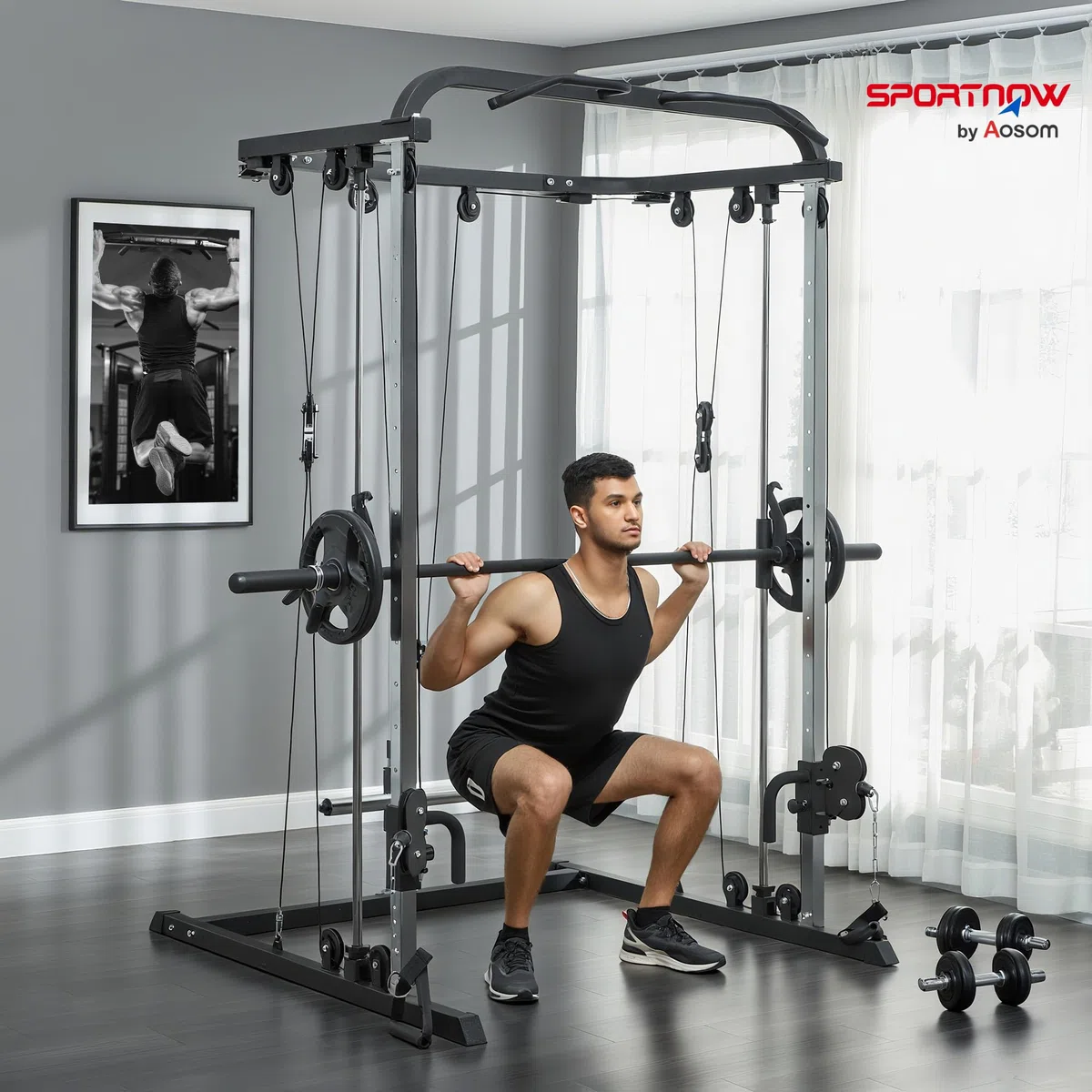 SPORTNOW Smith Machine Multiestación de Musculación Máquina Multifunción de Musculación con Soporte para Sentadillas y Barra para Pesas para Entrenamiento Fitness en Hogar Negro