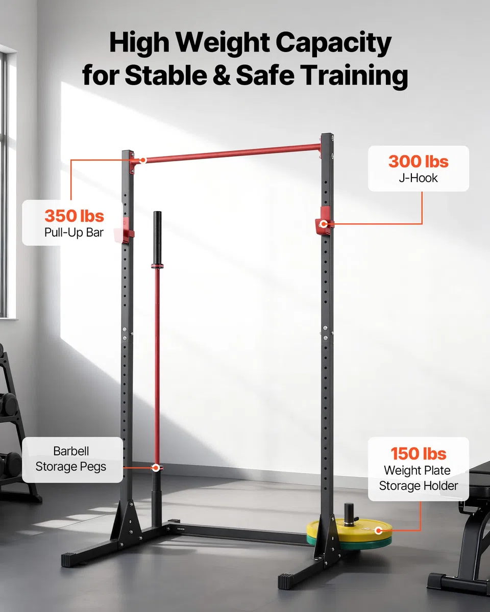 VEVOR Jaula para Sentadillas con Barra, Equipo Multifuncional de Press de Banca con Ganchos en J Ajustables de 28 Niveles, Robusto y Estable, Entrenamiento de Fuerza 360 kg, 1160 x 1280 x 2170 mm