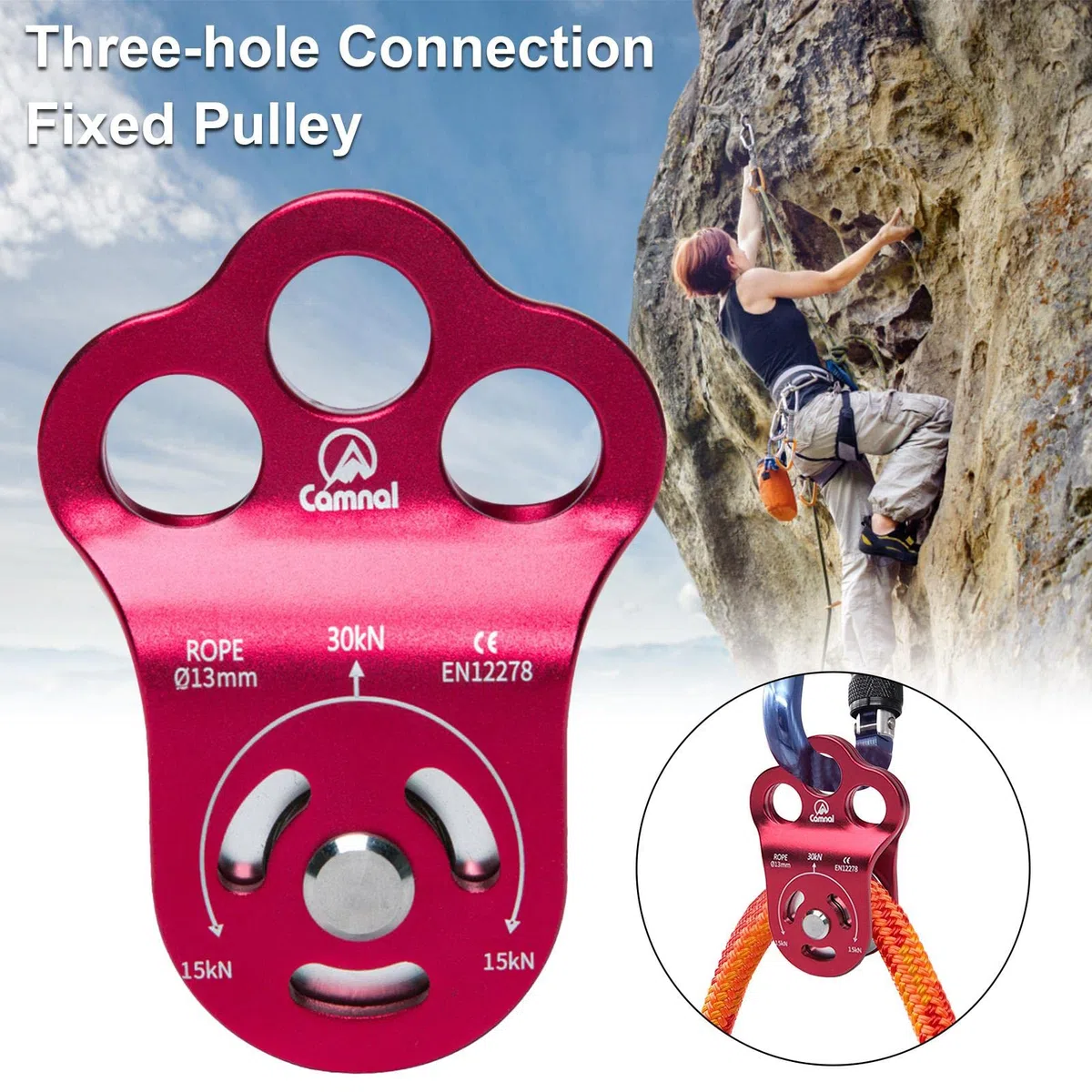 Rescate para Escalada, polea Fija conexión 3 Agujeros con Doble rodamiento, polea Externa portátil para Salvar en Escalada en tirolina en el Patio, 30 KN