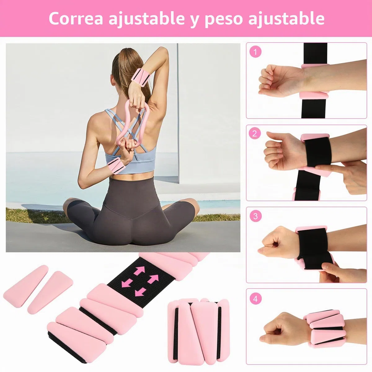 Juego de 2 pesas para muñecas, pesas para tobillo, pesas portátiles para piernas y brazos (1 lbs/1 unidad) para pilates, yoga, cardio rosa