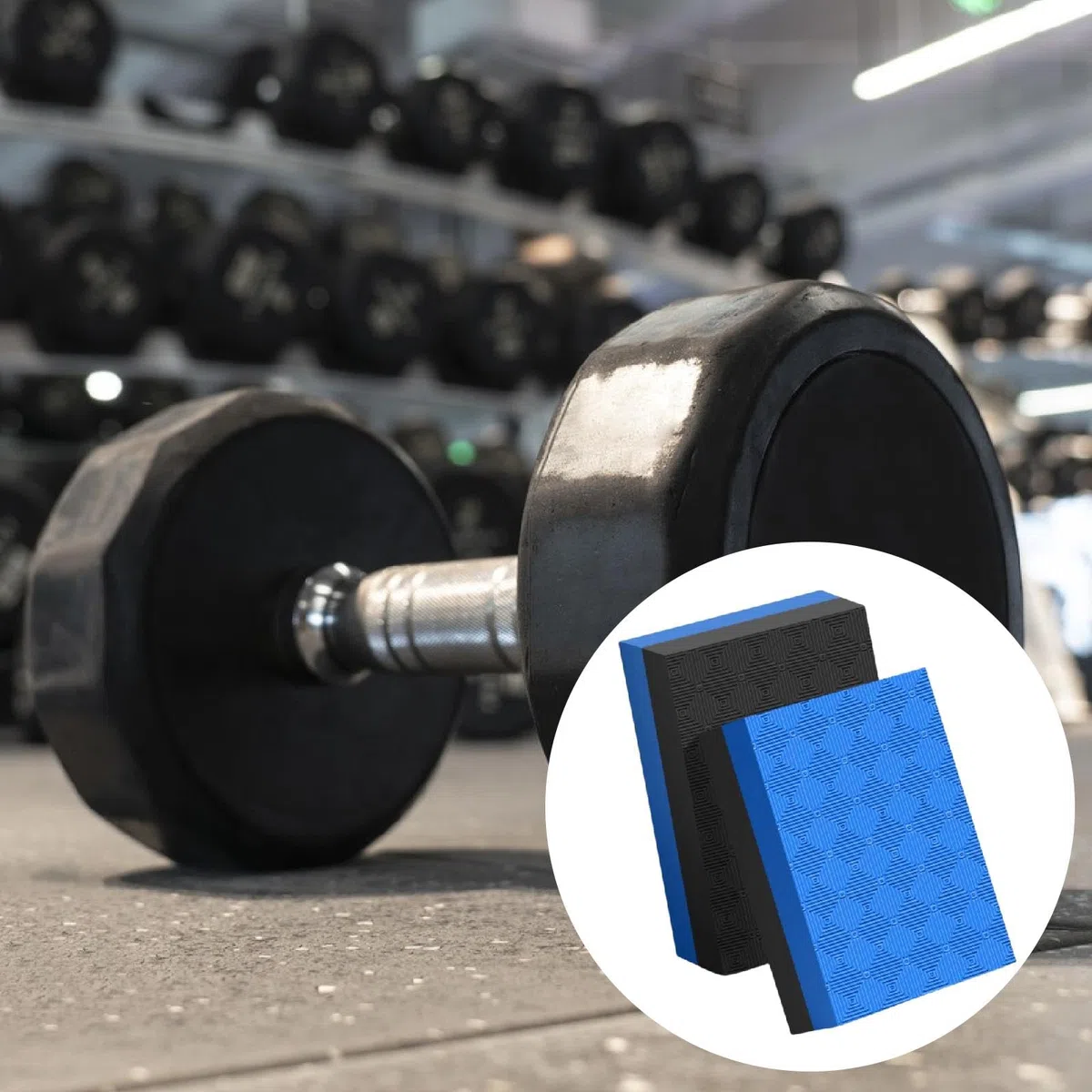 2 Piezas Almohadilla Barra Pesas Colchoneta Reforzada Material PVC Absorbente Ruido Adecuada para Levantamiento Gimnasio Oficina Uso, Negro Azul 50x33x4cm, Individual