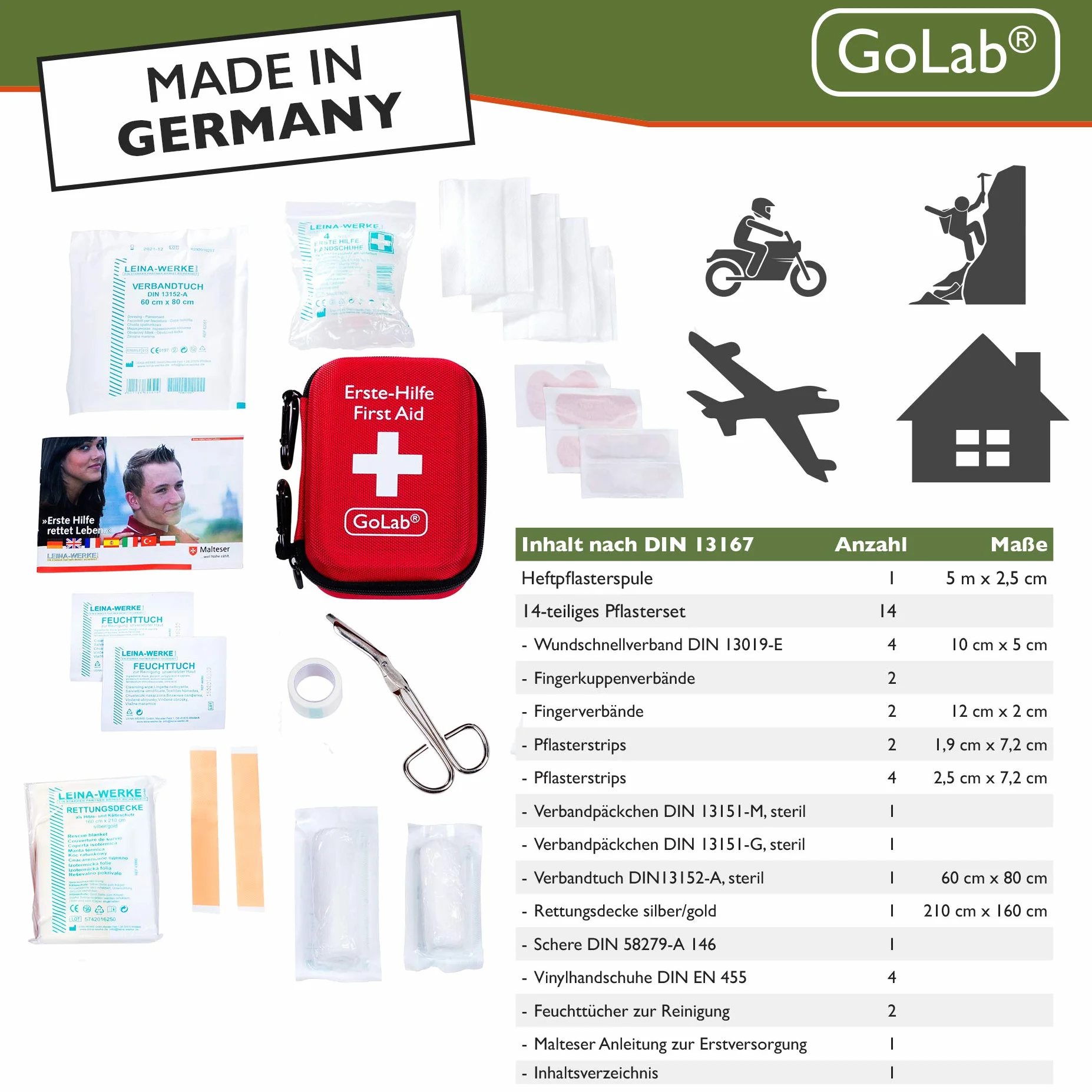 GoLab Botiquín de primeros auxilios para exteriores - Kit de supervivencia. Botiquín deportivo y de viaje + silbato de señalización - de Alemania según DIN 13167