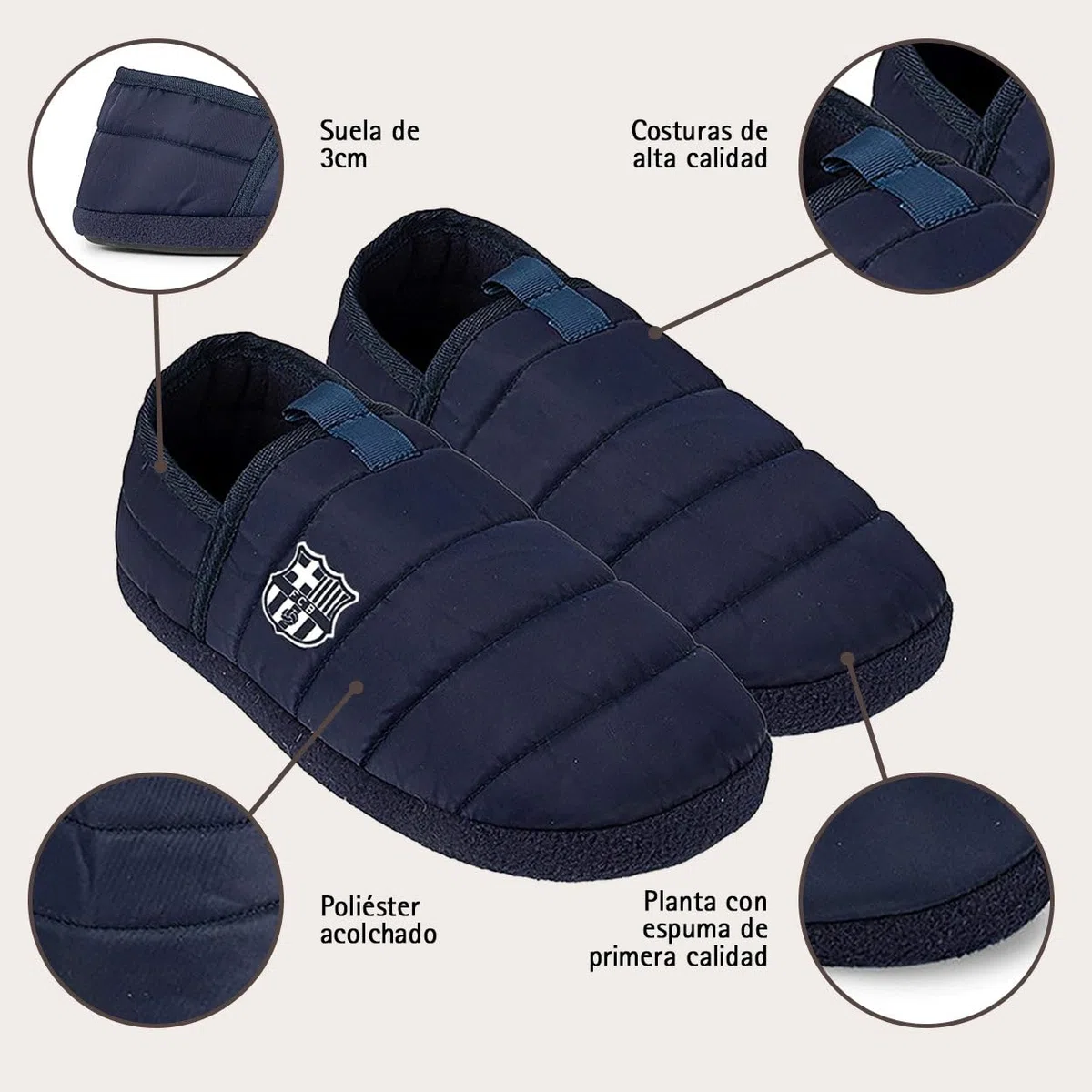MARPEN SLIPPERS Zapatillas FC Barcelona Oficiales Licenciadas Acolchadas para Hombre o Mujer, Marino Cerrada, Talla 40-41