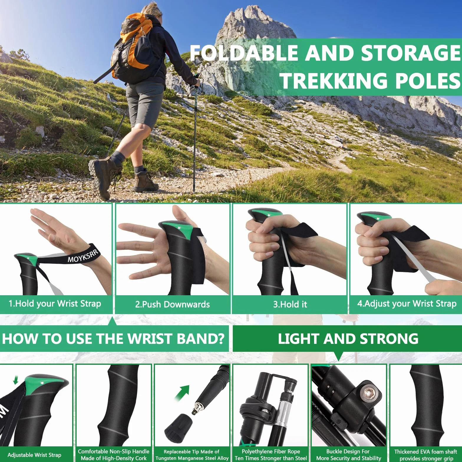 MOYKSRR Bastones de Senderismo Bastones Trekking Plegables, 2pcs Bastones Marcha Nordica Plegables, Ajustar la Longitud 108-135CM, Bastones Trekking Carbono e Alluminio,Caminar, Montaña, Trail Viaje