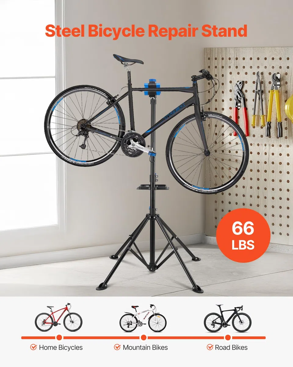 VEVOR Soporte de Reparación de Bicicletas, Resistente, 30 kg, con Altura Ajustable 83 a 147 cm y Bandeja Magnética para Herramientas, para Bicicletas de Montaña y Carretera, 955 x 940 x 1505 mm