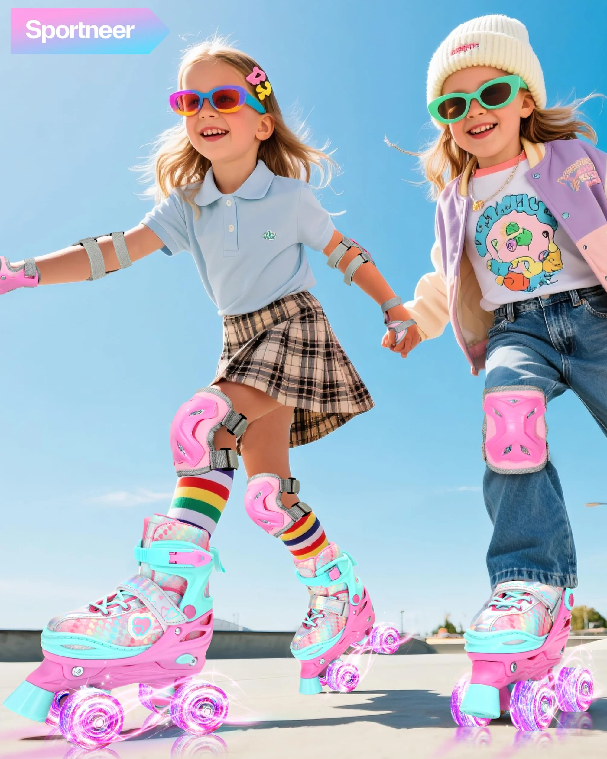 Sportneer Patines de Ruedas para niños, con Equipo de protección, Patines Ajustables con 8 Ruedas Luminosas, para niñas, niños, Adolescentes, Principiantes, Interiores y Exteriores