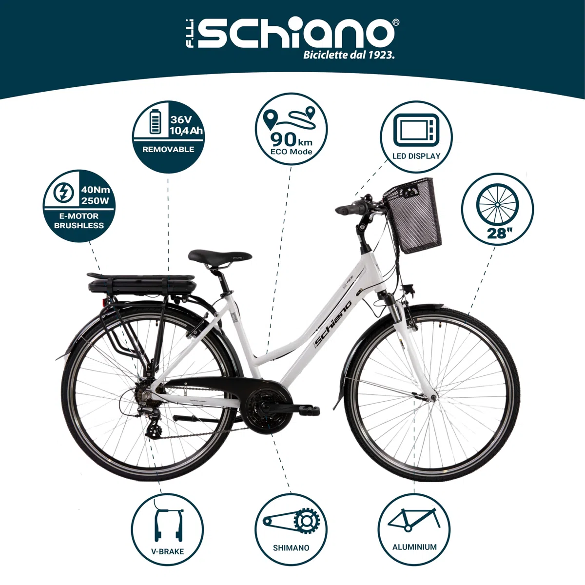 F.lli Schiano E-Ride, Bicicleta Electrica de Trekking, 28", Batería 36V 10.4Ah Extraíble, Motor 250W 40Nm, Bici Electrica Urbana, Unisex Adulto