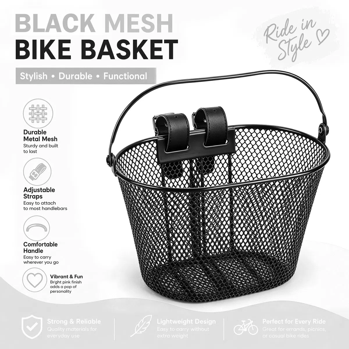 Cesta para bicicleta infantil delantera de metal, cesta de manillar con correa de piel, cesta extraíble para bicicleta para niñas y niños, estable y ligera