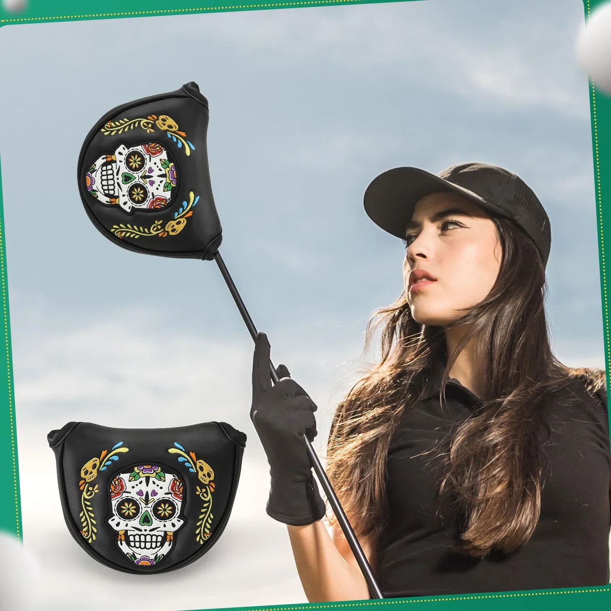 Fundas para cabeza de putter, cubierta de cabeza de putter, cierre magnético de alta calidad para cubierta de cabeza de golf, piel sintética negra, patrón de calavera colorida