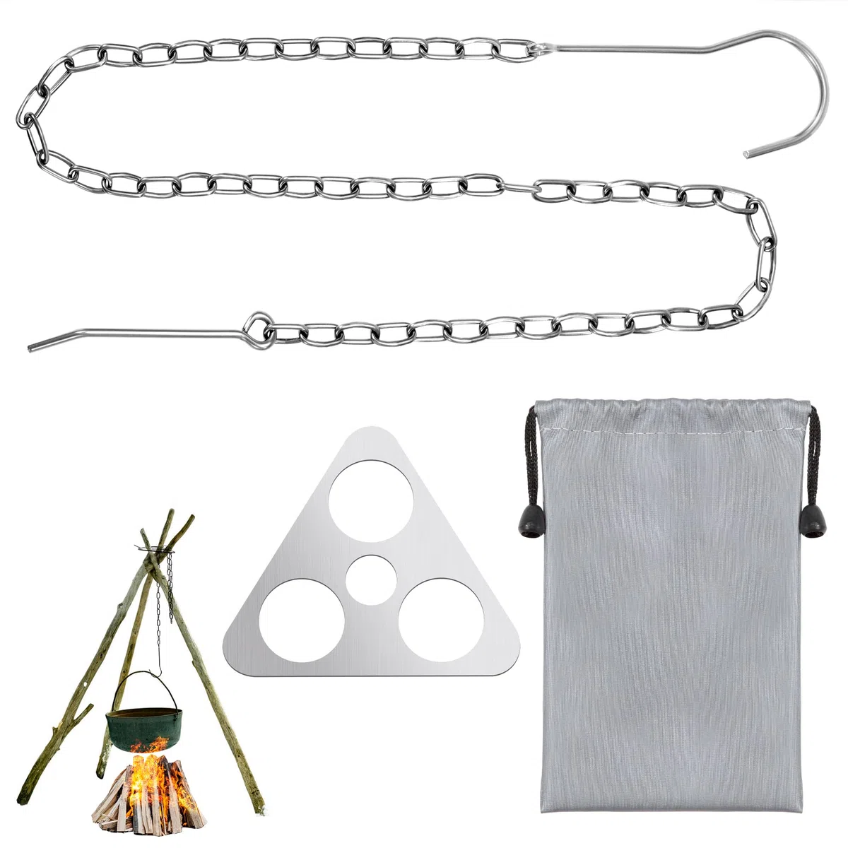 Trípode de Camping Tabla de Barbacoa con Cadena Ajustable Equipo de Parrilla de Trípode para Fogata para Colgar para Exterior