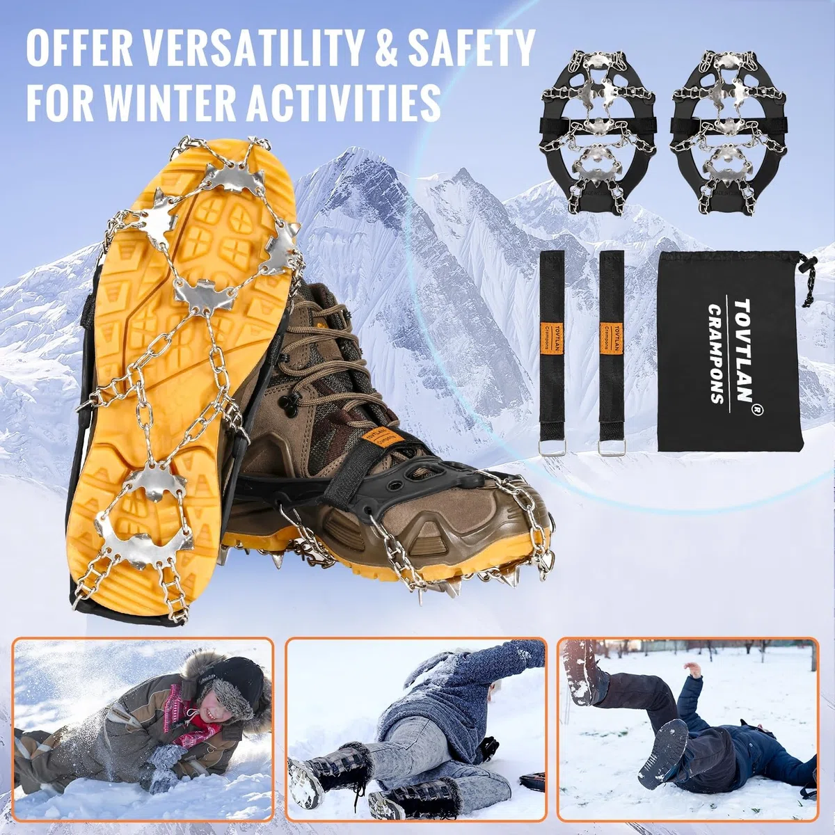 Crampones para Botas de Senderismo, 19 Dientes Crampones Acero Inoxidable Antideslizante Zapatos, Portátiles Crampones para Caminar, Senderismo, Escalada, Pesca y Montañismo