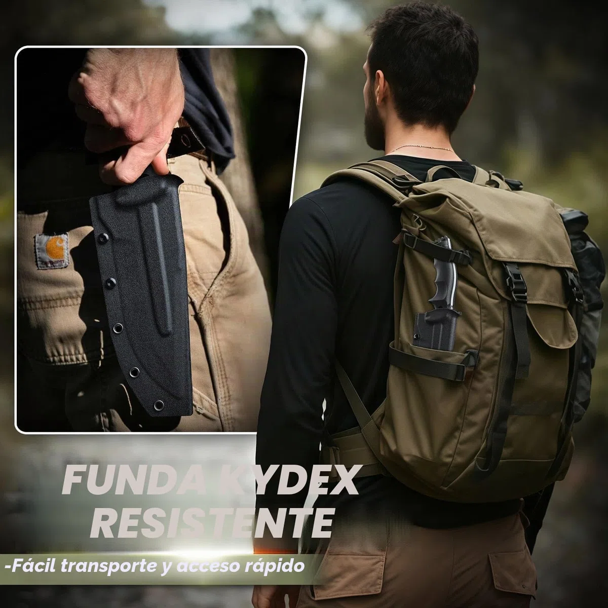 Freelander Cuchillos de Supervivencia Hoja Fija Acero D2 con Funda Kydex, Full Tang Cuchillos de Monte y Supervivencia, Negro