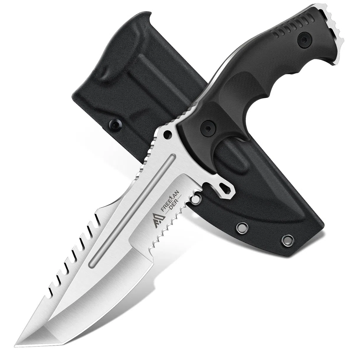 Freelander Cuchillos de Supervivencia Hoja Fija Acero D2 con Funda Kydex, Full Tang Cuchillos de Monte y Supervivencia, Negro