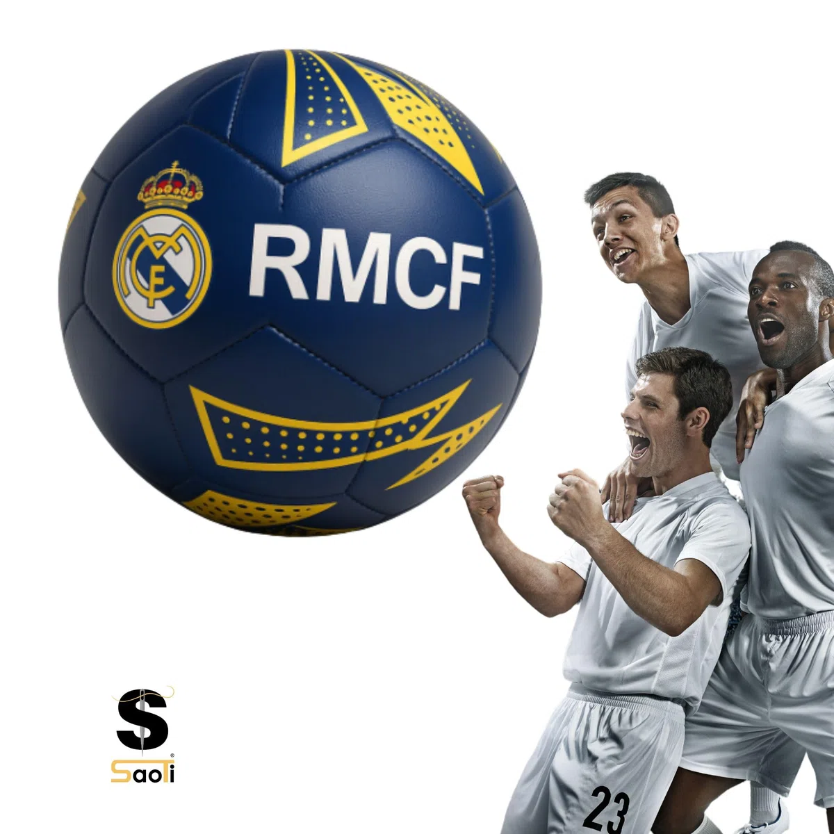 SaoTi Balon Futbol Talla 5 Diseño Inspirado en Club de Madrid Azul y Dorado - Balones de Futbol Resistentes Cosidos a Máquina - Pelotas Futbol Entrenamiento Adulto Niño Escudo RM