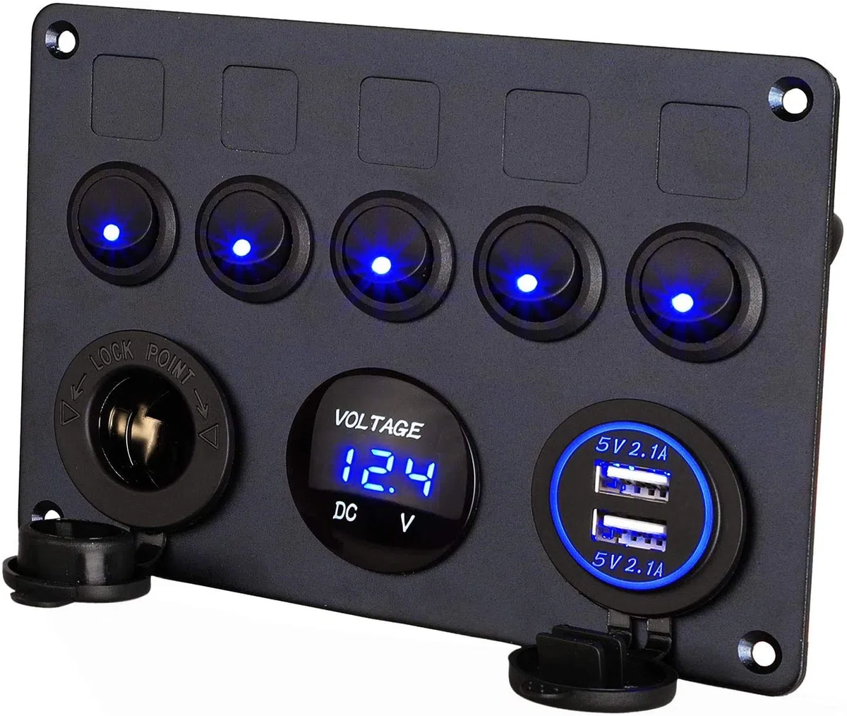 Thlevel Panel Enchufe Cargador Coche Panel del Encendedor | con Dual USB Carga y Encendedor de Cigarrillos Interruptor Basculante Voltímetro LED Digital para 12V 24V Barco Marina
