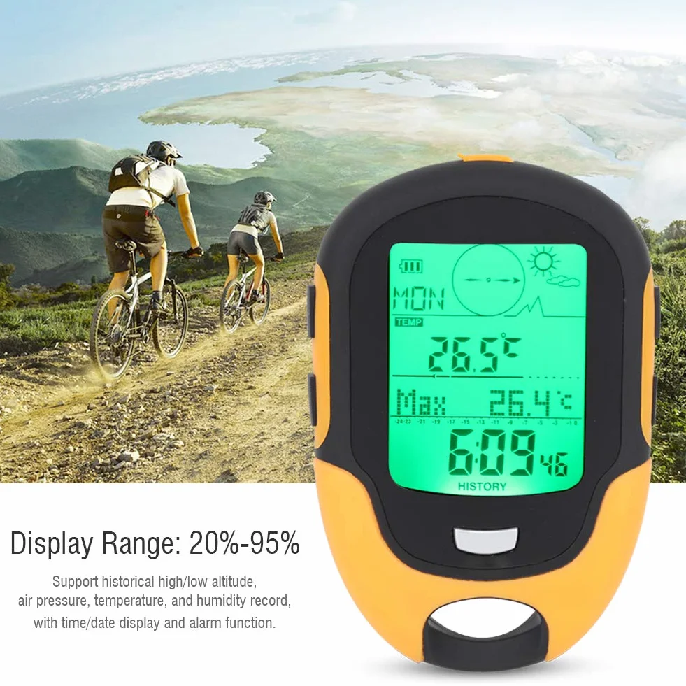 Fyearfly Barómetro Digital Altímetro Brújula, 7 en 1 Coche Altímetro Brújula Barómetro Termómetro Higrómetro con Linterna y pronóstico del Tiempo para Acampar al Aire Libre