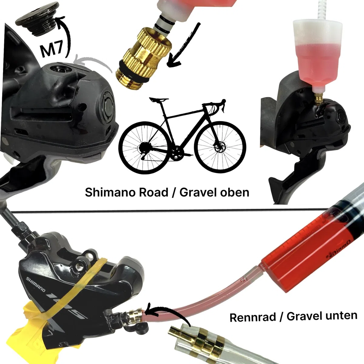 Shimano - Aceite mineral hidráulico de 500 ml + frenos de disco F26, kit de mantenimiento Pro Service Kit MTB City Ebike & STI Road Gravel Disc Purgador de Disco, Embudo con conector M5 M6 M7