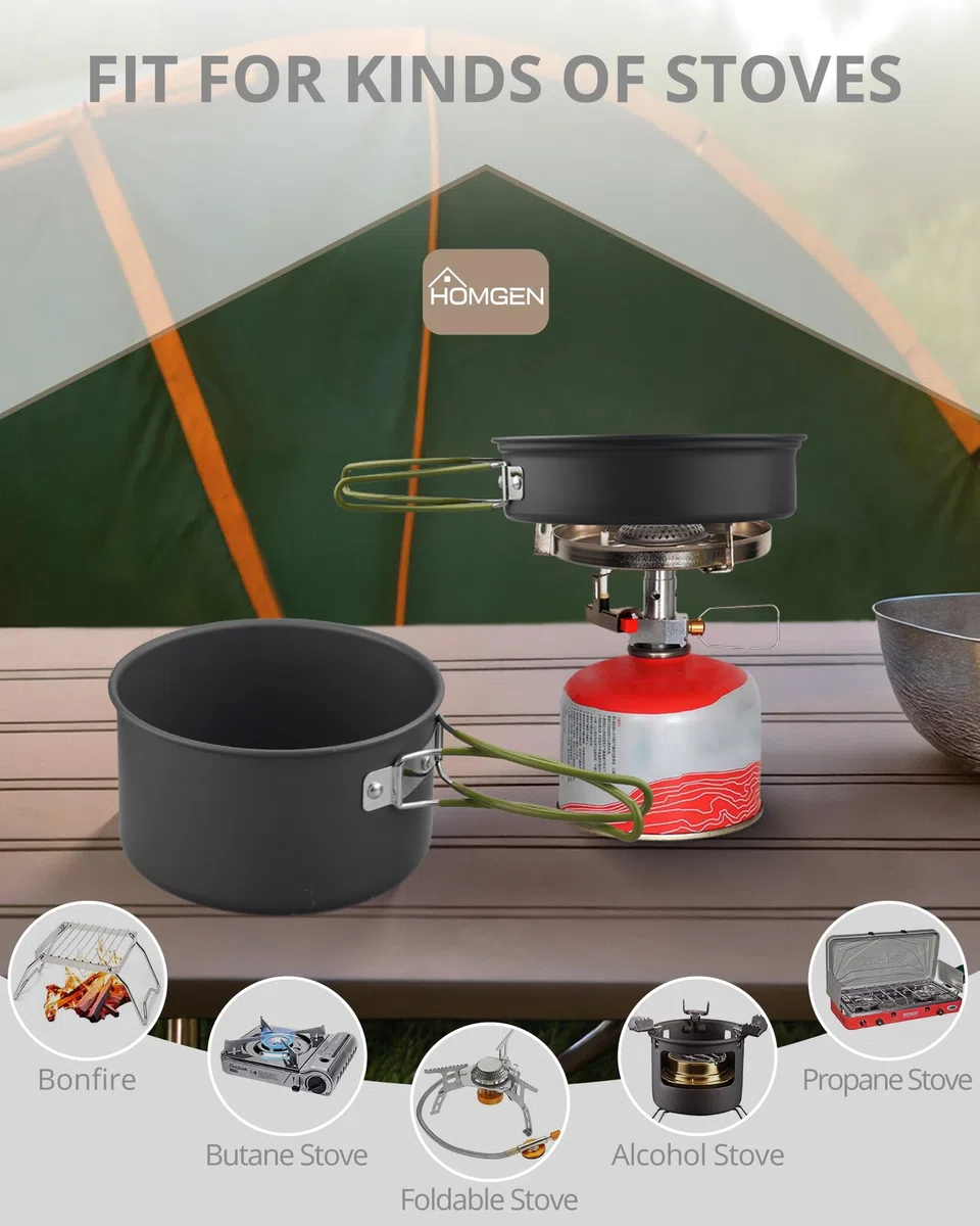 HOMGEN Juego de Utensilios de Cocina para Camping, ollas y sartenes de Aluminio, Kit de Utensilios de Cocina portátil, Equipo de Cocina Ligero para 2-3 Personas