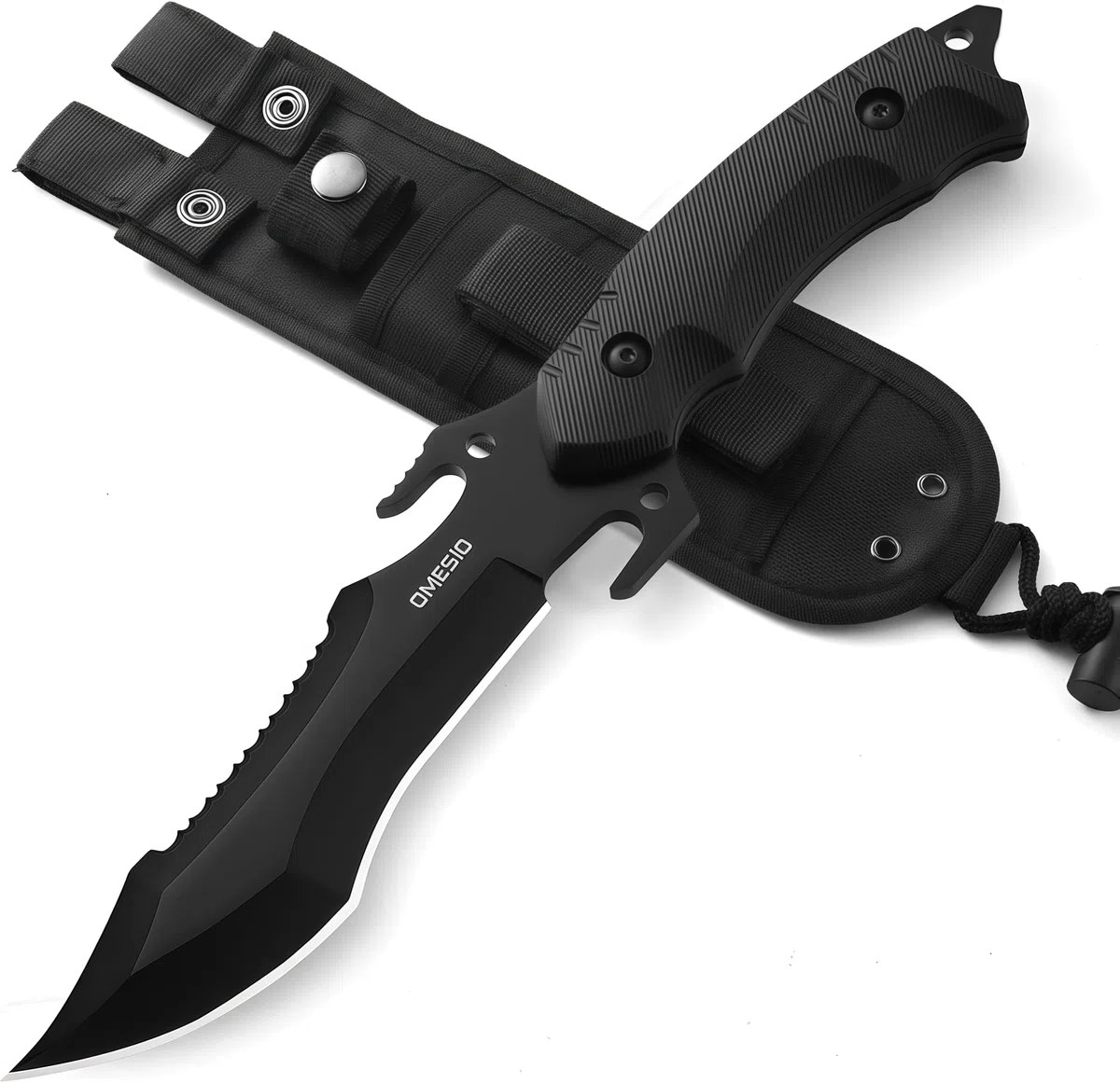 Omesio Cuchillo de caza Cuchillo de supervivencia Outdoor Multifuncional Full-tang Supervivencia, Hoja de filo fijo, Negro (A-NOIR)