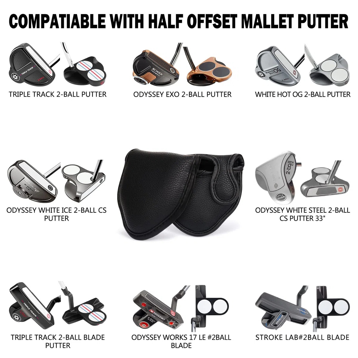 Big Teeth Golf Mallet Putter Headcover Magnetic Fits for Odyssey 2-Ball Series Club PU Leather