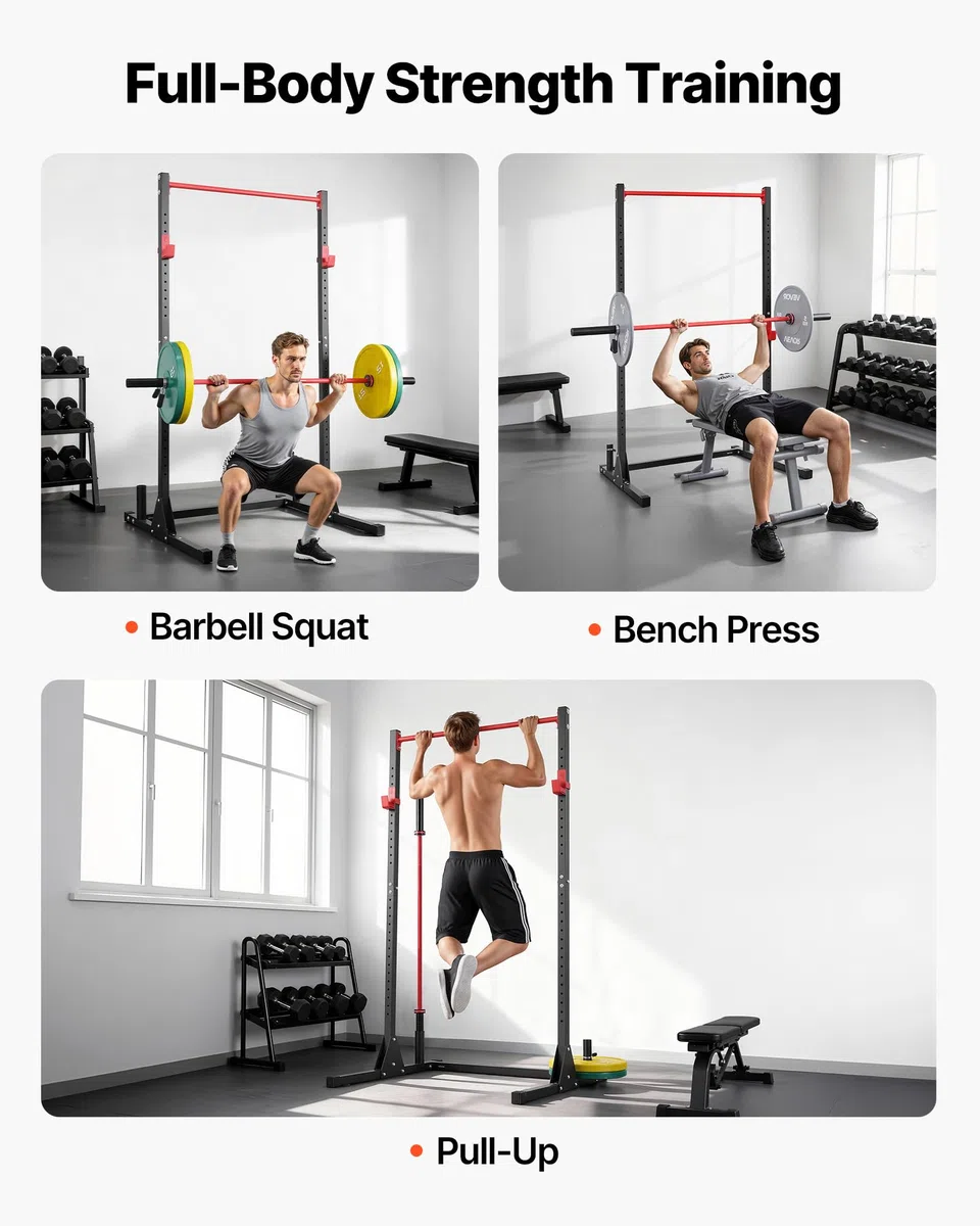 VEVOR Jaula para Sentadillas con Barra, Equipo Multifuncional de Press de Banca con Ganchos en J Ajustables de 28 Niveles, Robusto y Estable, Entrenamiento de Fuerza 360 kg, 1160 x 1280 x 2170 mm