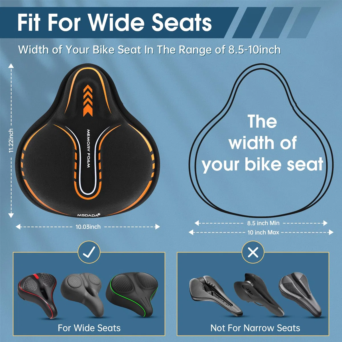 MSDADA Aumento Funda de Gel para Sillín de Bicicleta para Hombres y Mujeres Suave Cómodo Transpirable Ancho Funda de Gel para Asiento de Bicicleta para Bicicleta de Montaña Carretera(Naranja)