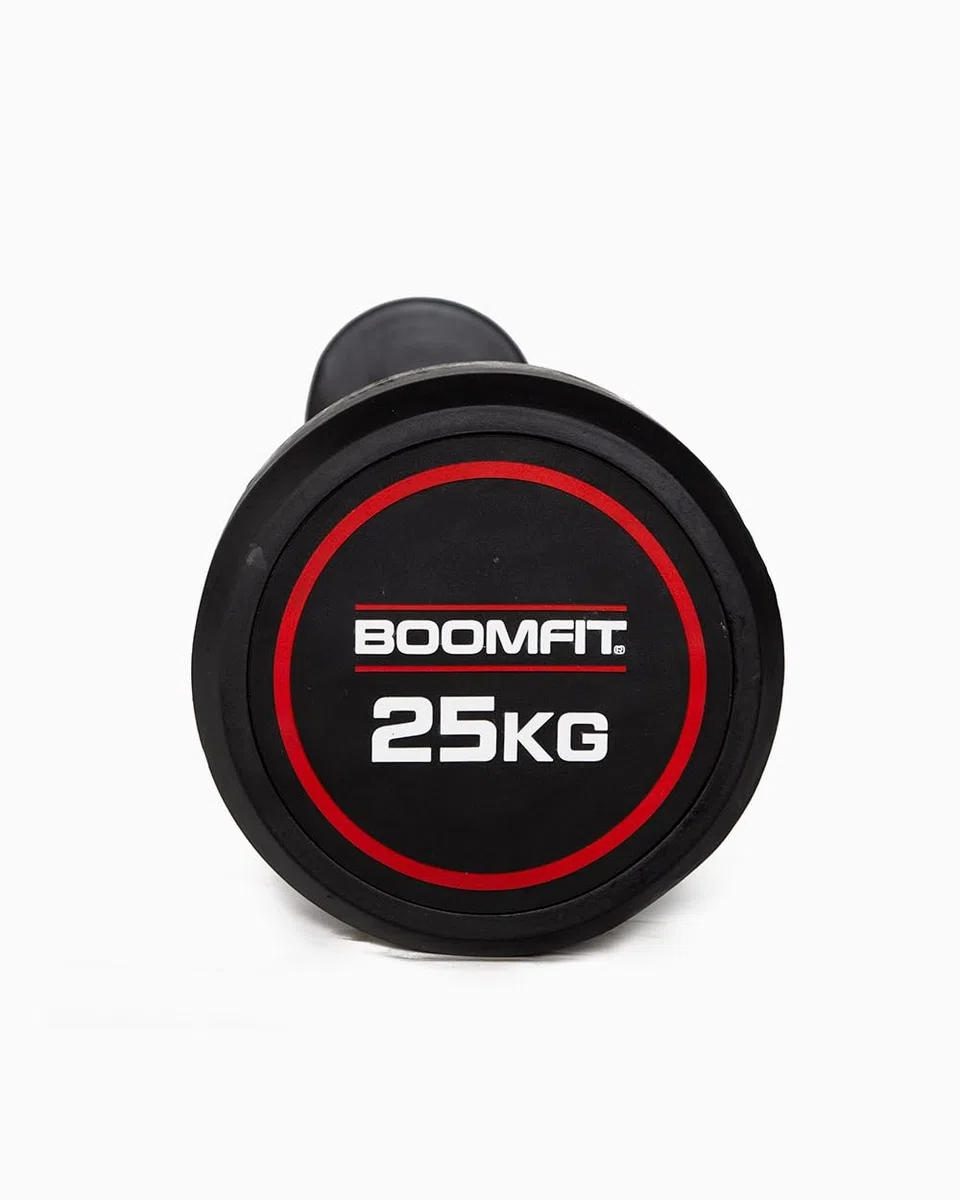 BOOMFIT Barra de Peso Fijo Recta 10-50 kg | Acero Cromado Extremos de Goma | Gama lista para usar sin montar discos | Reduce el ruido y protege el suelo | Sentadillas, press y remo en casa o box