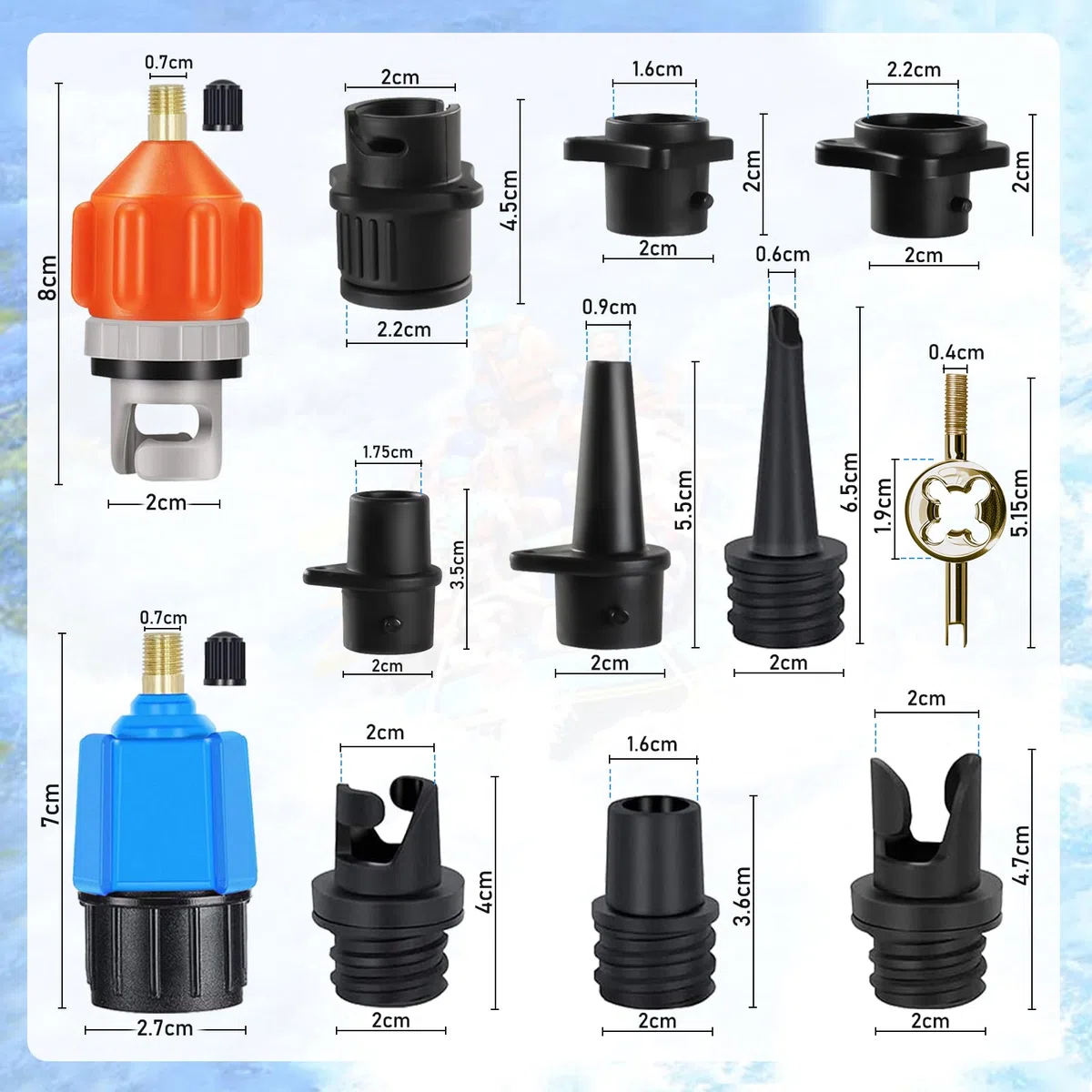 Adaptador de Bomba Sup, 2 unidades, con 9 boquillas – Adaptadores de Bomba Inflable compatibles con tablas de paddle surf, canoas, botes de goma, barcos inflables, colchones de aire, piscinas y más.