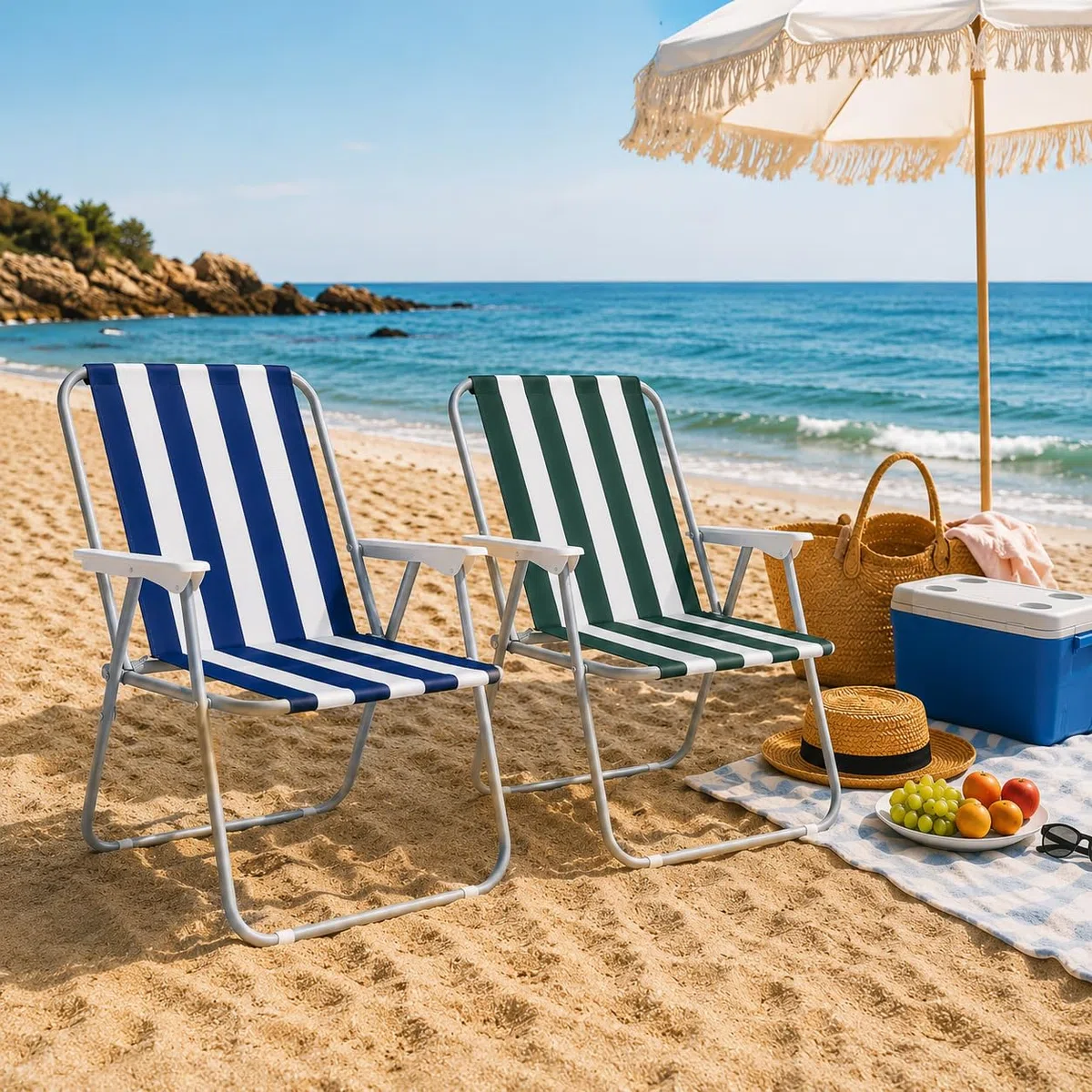 TIENDA EURASIA - Pack 2 Silla Playa o Camping Plegable | Estructura de Acero Gris | Tela de Loneta Impermeable | Ligera | Estampado Rayas Azul y Verde | Medidas 75 x 53 x 43 cm