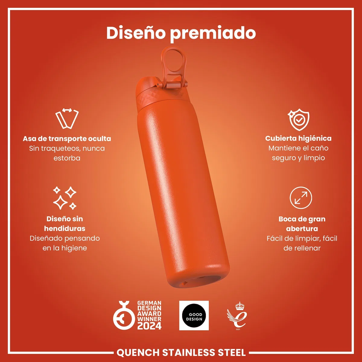 ION8 Botella, a Prueba de Fugas, Fácil de Abrir, Cerradura Segura, Aptas para Lavavajillas, Adapta a Portavasos, Asa de Transporte, Resistente a Rayones