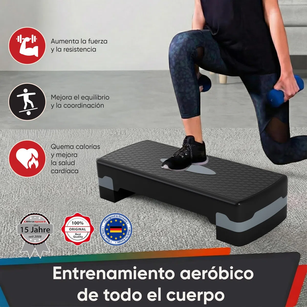 Ultasport Step de Aeróbic I Steps Fitness I Antideslizante, Ajustable en 2 Alturas I Stepper para Ejercicio en Casa, Stepboard, Stepbench 68 x 28 cm, Gris