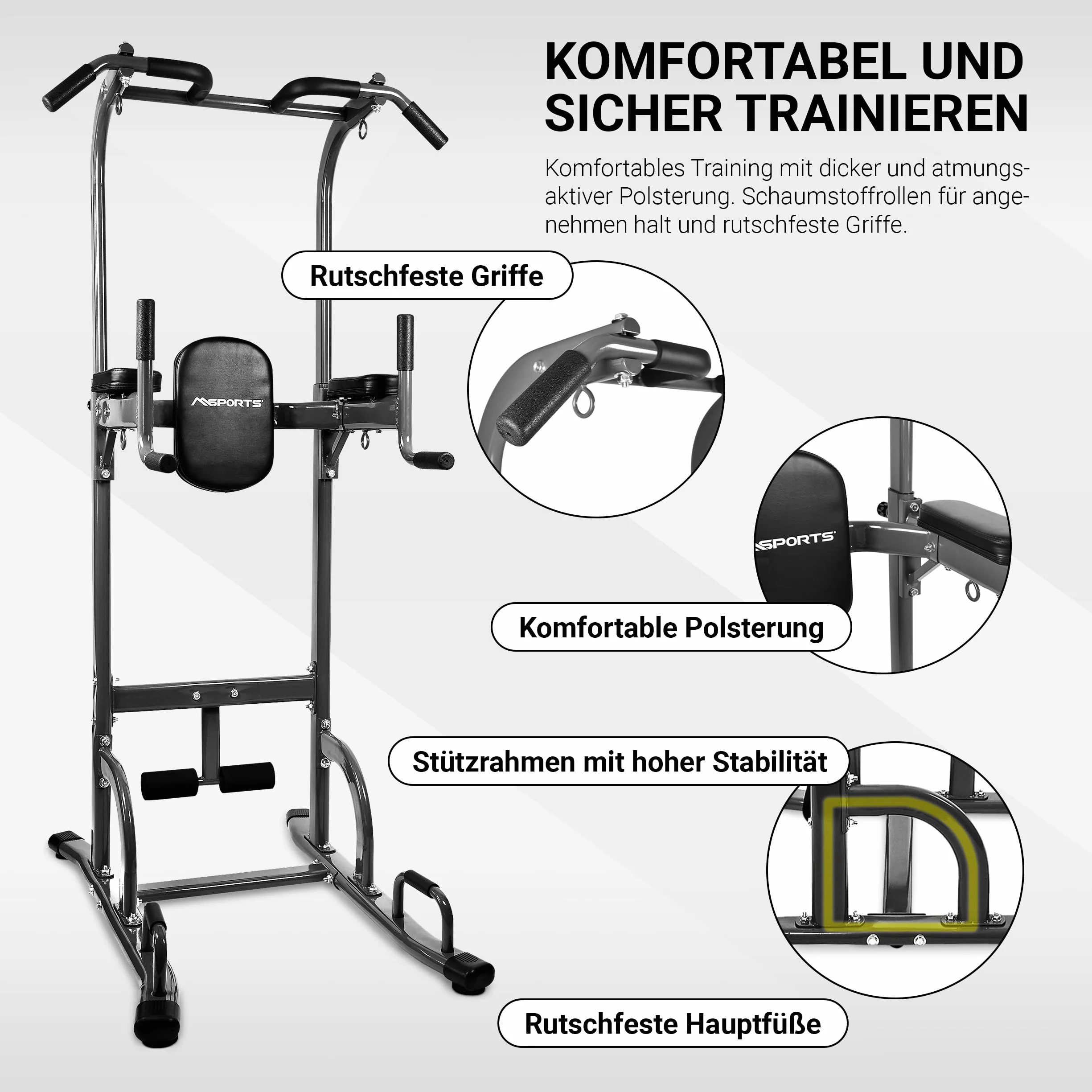 Estación de Fuerza multifunción 7 en 1, tamaño Ajustable, con Asas de flexión, 4 Ojales para Entrenamiento en Suspension, Sentadillas y Barra de dominadas, Barra