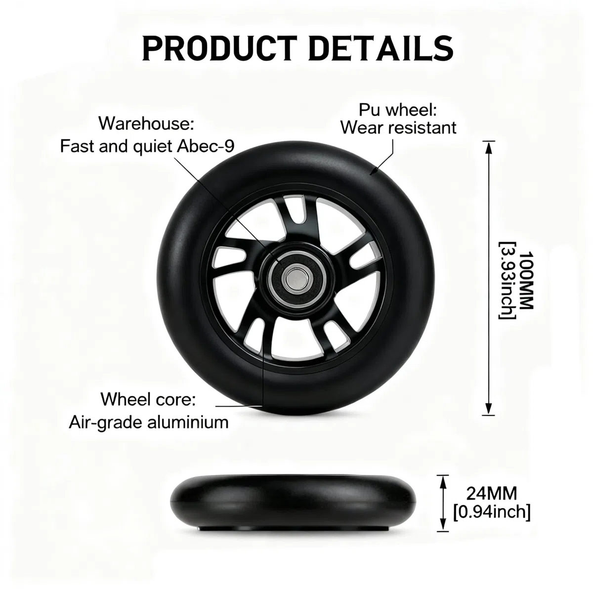 Ruedas Pro Stunt Scooter de 100 mm con Rodamientos ABEC 9 Compatibles, 2 Piezas Ruedas de Patinete Scooter, Compatibles con Razor/Apollo/Cox Swain y la Mayoría de los Scooters (Negro)