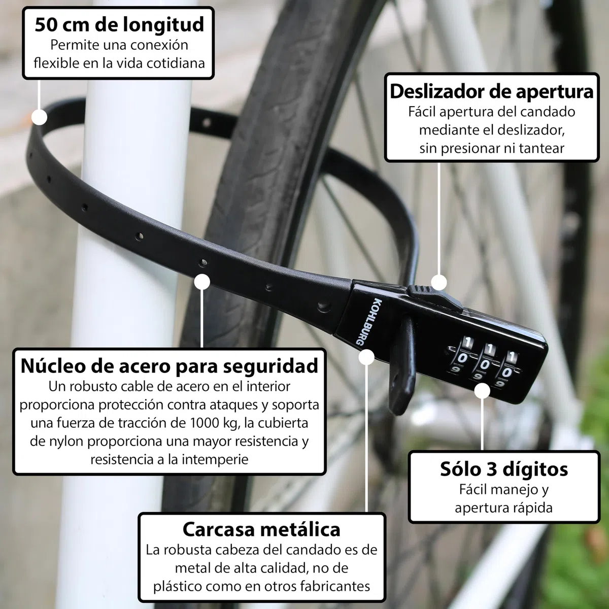 KOHLBURG antirrobo super ligero – solo 70 g con código numérico – para bicicleta mide 50 cm, compacto y seguro – tipo brida para bicicleta de carretera, scooter y patinete – candado para casco y esquí